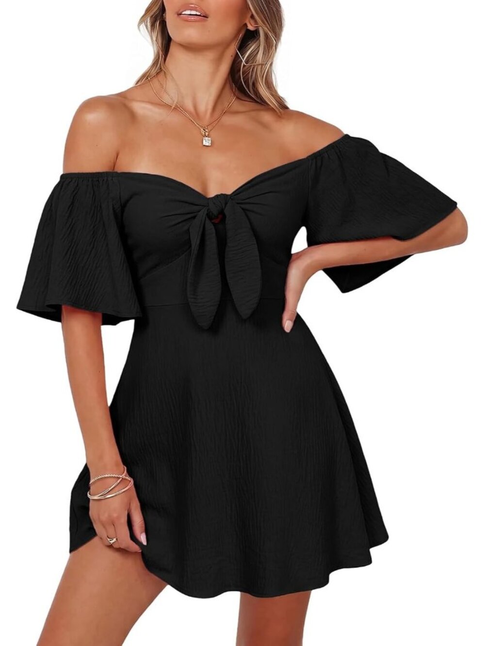 Women's Black Summer Deep Short Sleeve V Neck Elegant Bow Tie Mini Party Dresses